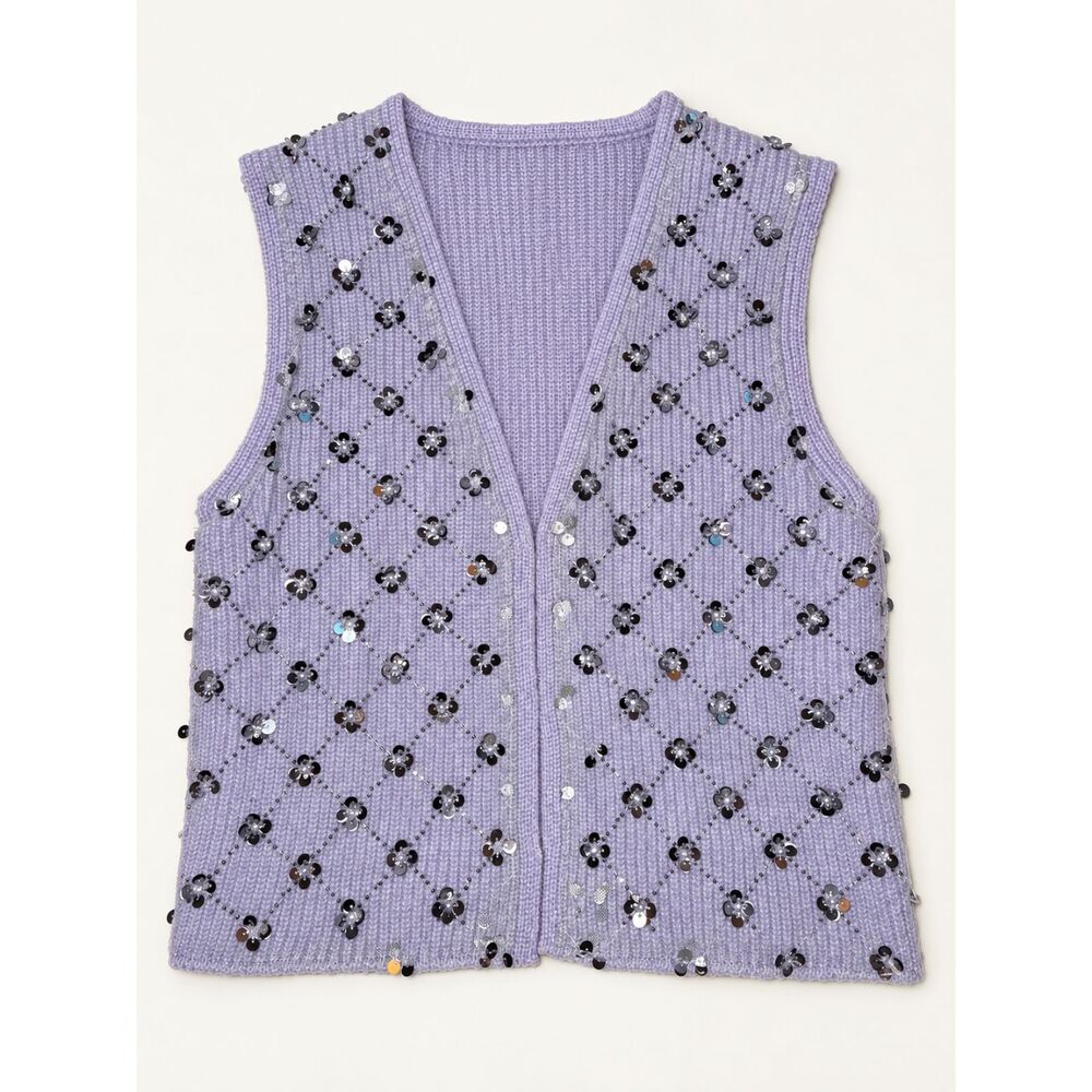 Zara Lilac Beaded Sequin Knit Vest S Floral Tulle Embellished Sleeveless